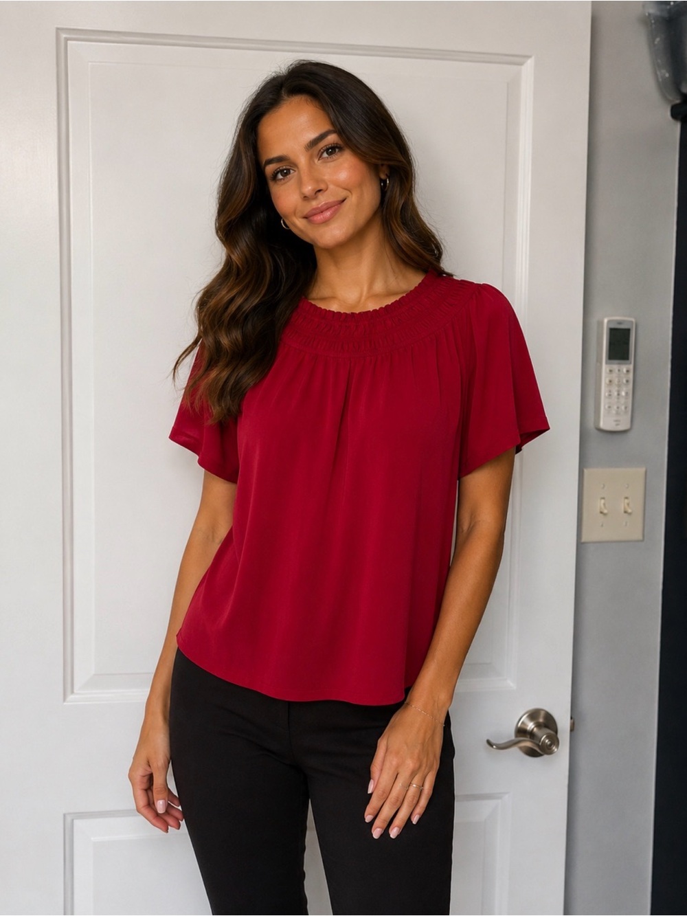 Ann Taylor Burgundy Smocked-Neck Short Sleeve Blouse
